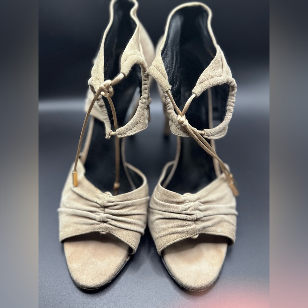 Gucci suede ankle tie heels in a soft taupe/beige neutral.